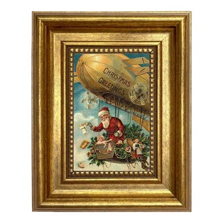 Santa Claus in Flying Machine Victorian Print on Canvas in Antiqued Gold Frame For Sale