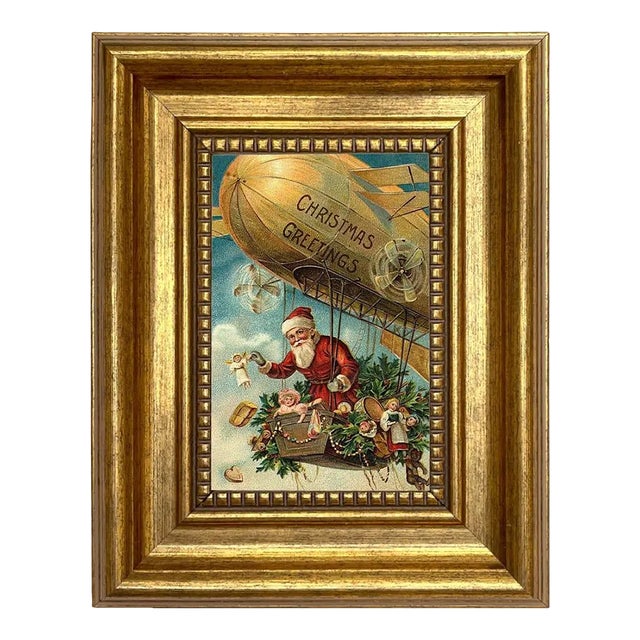 Santa Claus in Flying Machine Victorian Print on Canvas in Antiqued Gold Frame For Sale