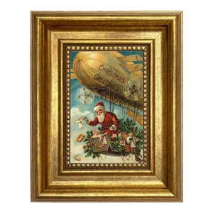 Santa Claus in Flying Machine Victorian Print on Canvas in Antiqued Gold Frame