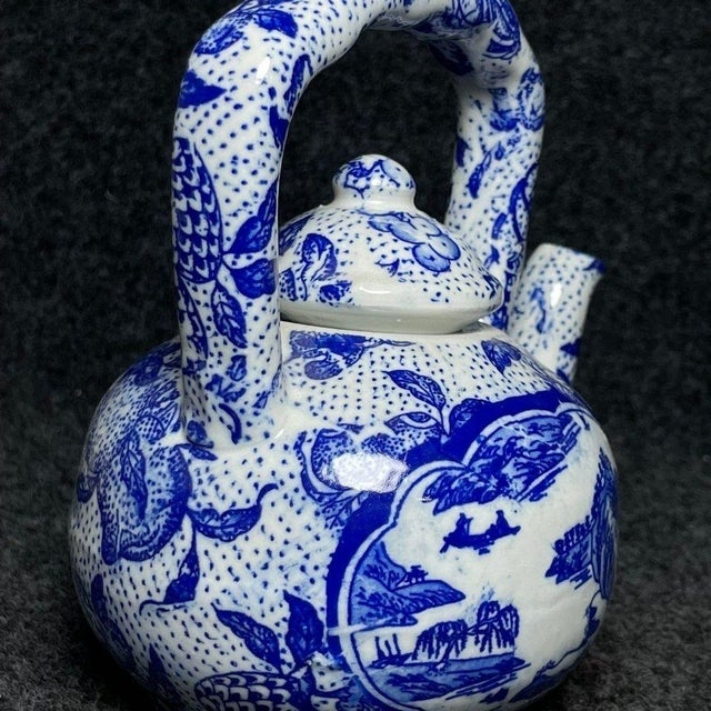 Chinese Vintage Chinese Blue and White Porcelain Teapot With Overhead Handle and Mountain Landscape For Sale - Image 3 of 9