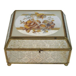 Vintage Brass and Glass Trinket Box W/ Floral Motif For Sale