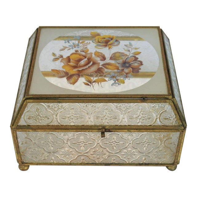 Vintage Brass and Glass Trinket Box W/ Floral Motif For Sale