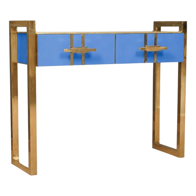 Italian Console Table in Blue Murano Glass and Brass from Justfurnituress SRL For Sale