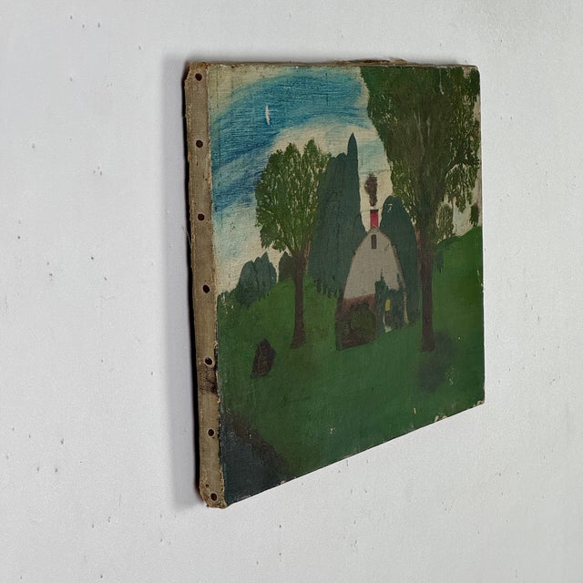Folk Art Lovely Naive Folk Art Primitive Antique Painting of a White Cottage in a Rural Green Field Scene For Sale - Image 3 of 9