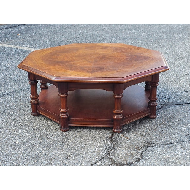 Late 20th Century Octogonal Bookmatched Burl Fruitwoods Tiered Coffee Table For Sale - Image 4 of 10