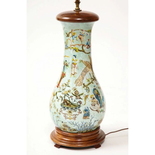 A Tall English Chinoiserie Celadon Decalcomania Glass Lamp For Sale - Image 4 of 7