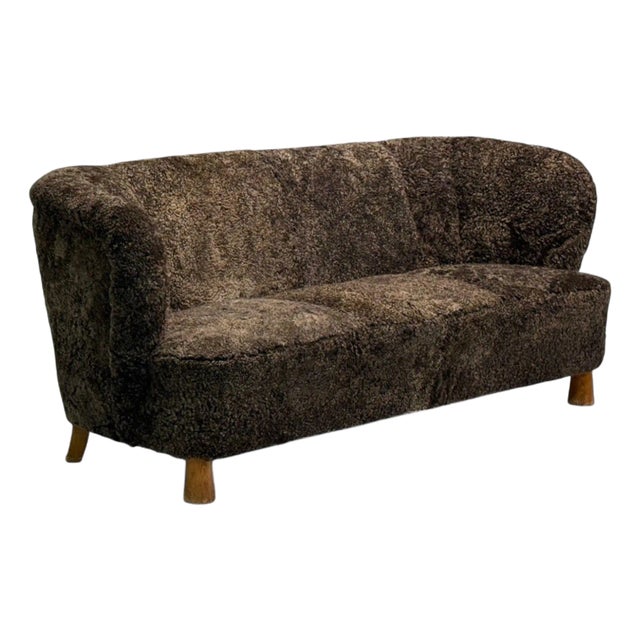 Danish Mid-Century Modern, Beech, Brown Sheepskin, Sofa, Denmark, 1930s For Sale