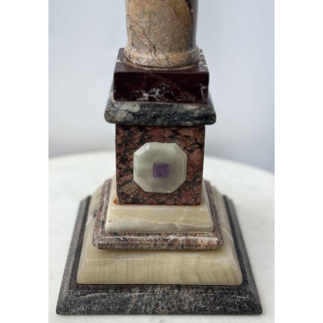 Pair of Mid 20th Century Marble & Multi-Stone Columns With Malachite Sphere For Sale In Los Angeles - Image 6 of 7