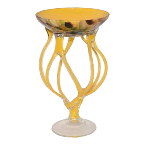 Vintage Jozefina Krosno Hand Blown Art Glass Compote Mid Century Modern Yellow Cased Glass Bowl