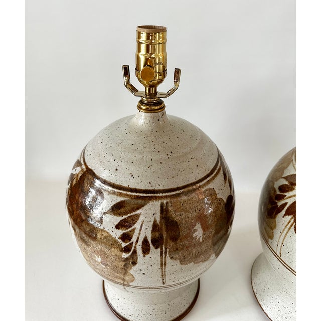 1970s 1970s Hand Thrown Stoneware Lamps With Floral Motif - a Pairf For Sale - Image 5 of 15