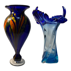 Signed Cobalt Blue Art Glass Vases - A Pair