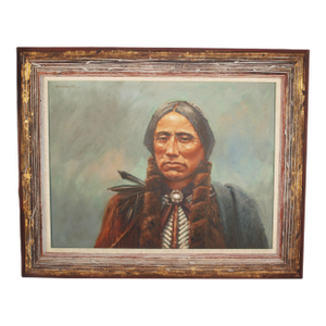 1970s Vintage Oil on Canvas Painting of American Indian Quanah Parker