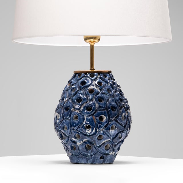 Perforated Blue and White Glazed Stoneware Table Lamp, Denmark, 1960s For Sale - Image 4 of 9