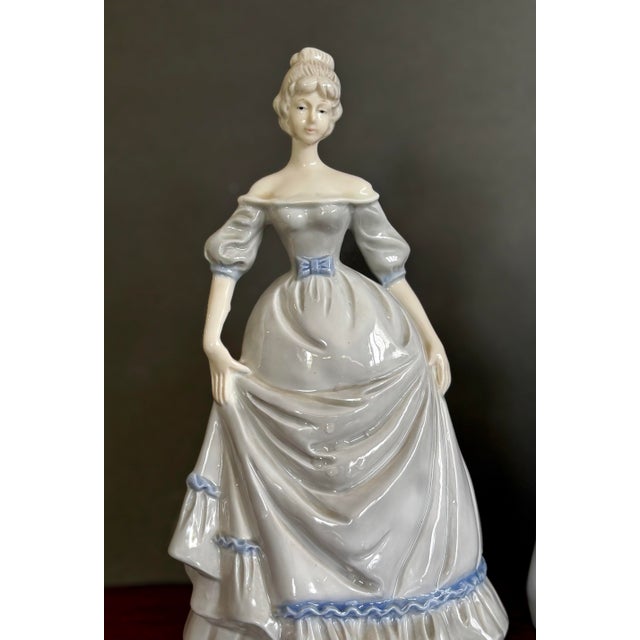 Victorian Pair of Vintage Victorian Lady Porcelain Figurines in Blue Gowns, 9.5” Tall For Sale - Image 3 of 8