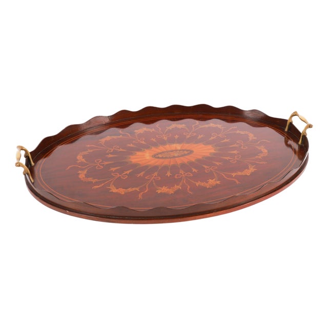 Vintage English Edwardian Oval Marquetry Butler's Tray, 20th Century For Sale