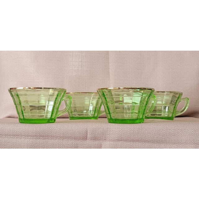 Art Nouveau Early 20th Century Uranium Glass 4 Transparent Green Tea Cups With Gold Rim For Sale - Image 3 of 16