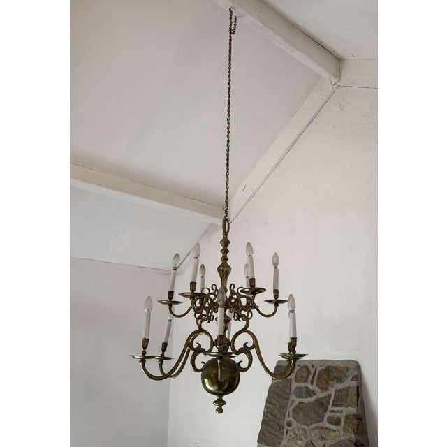 Two-Tier 12-Light Dutch Brass Chandelier, 1930s For Sale - Image 3 of 18