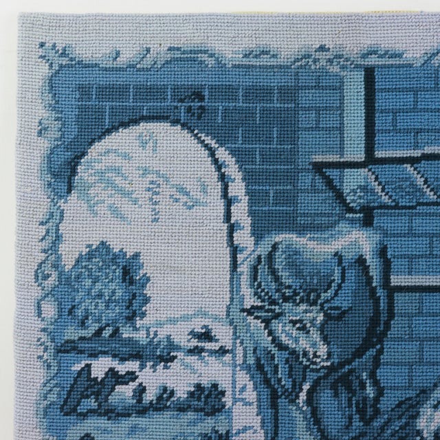 Traditional Vintage Blue and White Needlework Pastoral Farm Scene With Cow and Dog Textile Wall Art For Sale - Image 3 of 8