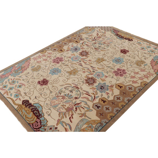 Rug & Kilim 2010s Rug & Kilim’s Chinese Art Deco Style Rug in Beige-Brown With Floral Patterns For Sale - Image 4 of 7