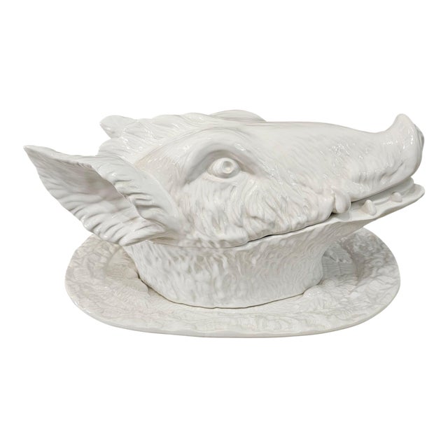 Vintage Bordallo Pinheiro Portugal White Boars Head Tureen Platter For Sale