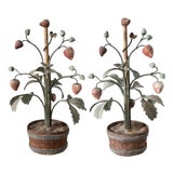 Vintage Italian Tole Peinte Potted Strawberry Plant Sculpture / Toleware Floral / Flower Arrangement, Made in Italy, a Pair For Sale