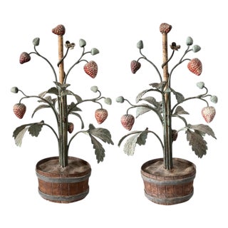 Vintage Italian Tole Peinte Potted Strawberry Plant Sculpture / Toleware Floral / Flower Arrangement, Made in Italy, a Pair For Sale