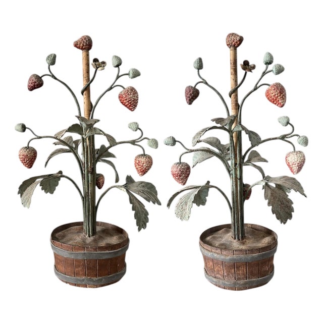 Vintage Italian Tole Peinte Potted Strawberry Plant Sculpture / Toleware Floral / Flower Arrangement, Made in Italy, a Pair For Sale