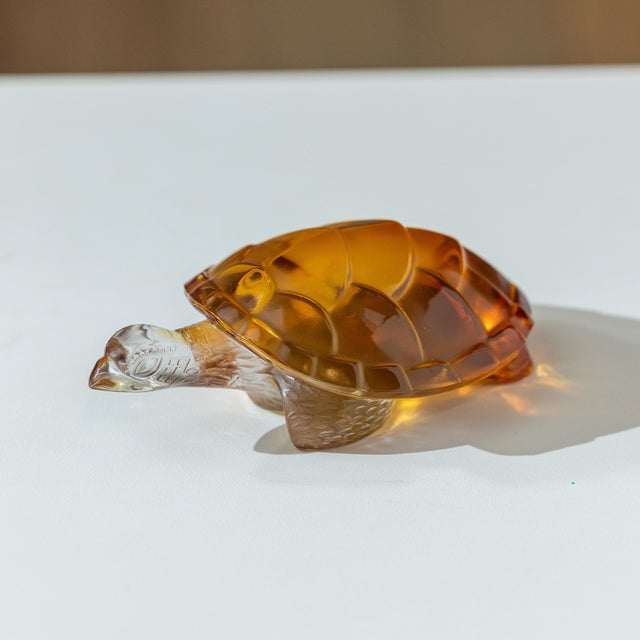 Flawless signed Lalique France crystal turtle, designed by Marie-Claude Lalique in 1973 and retired in 1999. Rare amber...