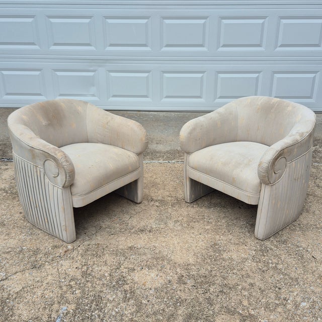 This is a fun pair of 1980s art deco revival tub chairs that is ready for reupholstery. The chairs are distinguished by...