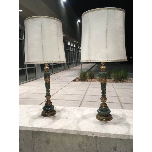 Pair of Japanese Bronze & Marble Column Table Lamps With Original Shades For Sale In Denver - Image 6 of 13