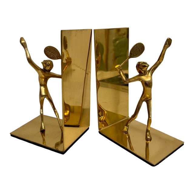 Pair Solid Brass Tennis Players Bookends For Sale