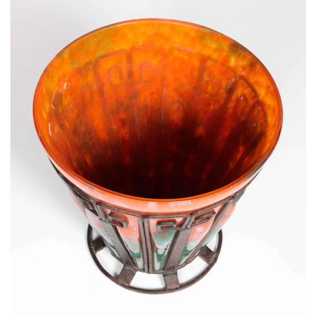 Mid 20th Century French Art Deco Hand-Hammered Iron and Glass Vase Signed Lorrain For Sale - Image 5 of 8