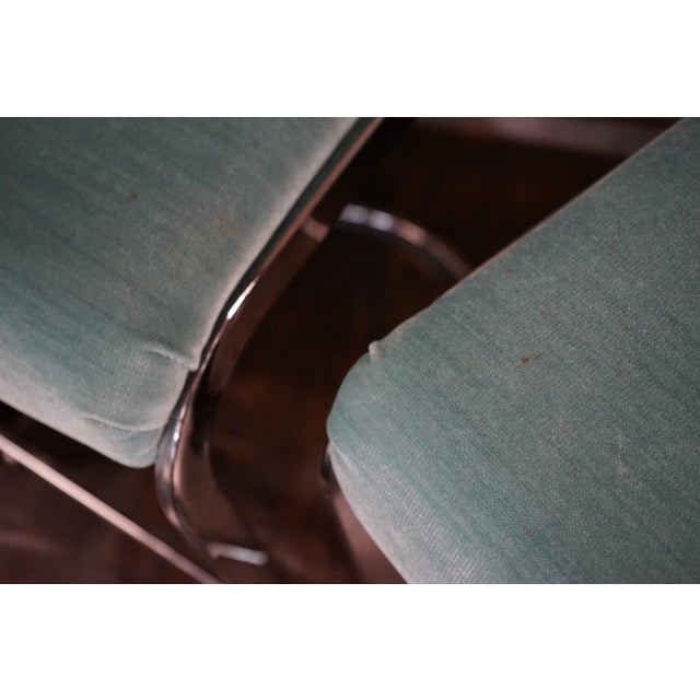 1980s 1980s Set of 6 Mid-Century Bar Stools With Aqua Mohair Upholstery and Chrome Bases For Sale - Image 5 of 14