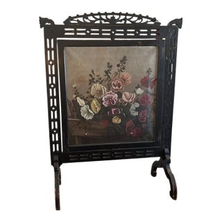 Vintage Victorian Fireplace Ebony Screen Featuring a Hand Painted Floral Arrangement on Canvas For Sale