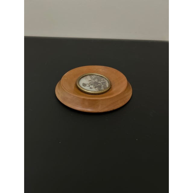 Vintage Spanish Pastoral Wall Plaque, Wood Framed Medallion With Metal Inset, Figural Scene, 4.875" Round For Sale - Image 4 of 7