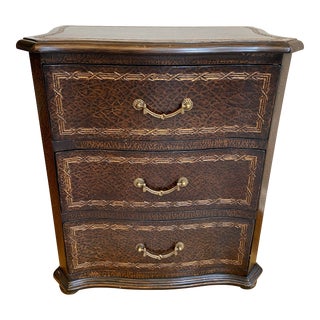 Early 2000s Regency Style 3-Drawer Chest, Black With Embossed Faux Leather & Gold Detail For Sale