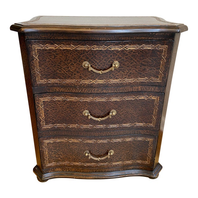 Early 2000s Regency Style 3-Drawer Chest, Black With Embossed Faux Leather & Gold Detail For Sale