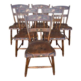 Set of 6 Paint Decorated Plank Seat Chairs, Pennsylvania Circa 1850 For Sale