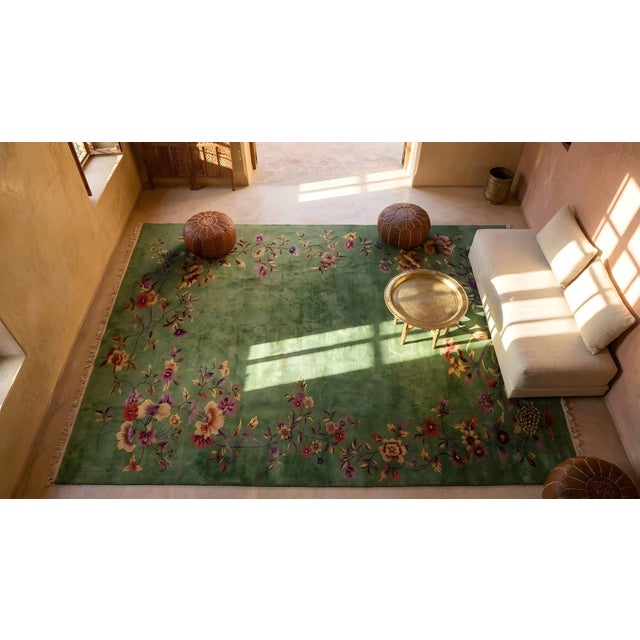 Soothing Green Color Minimalist Open Field and Floral Border Antique Chinese Art Deco Carpet For Sale - Image 11 of 12