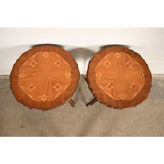 1930s Romweber Style French Provincial Louis XV Carved Walnut and Satinwood Inlaid Marquetry Side Tables, Pair For Sale - Image 5 of 12