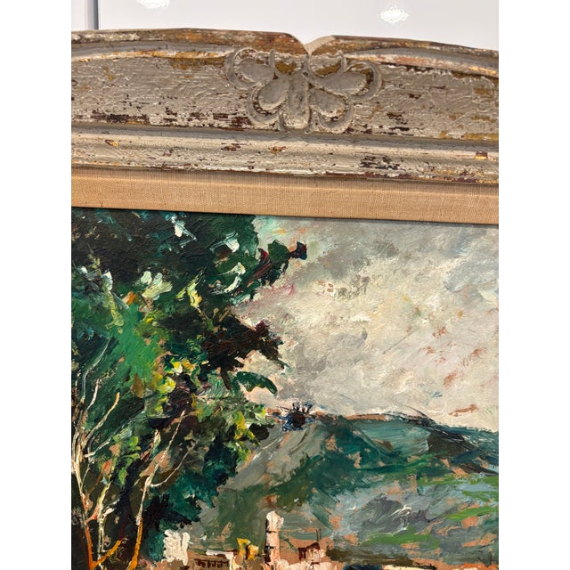 Vintage Textured Impressionist Oil Painting Cote d'Azur Coastal Town Landscape in Carved Wood Frame For Sale In Miami - Image 6 of 15