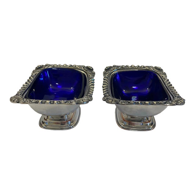 Vintage Ellis Barker English Silver Plate Cobalt Glass Salt Cellars - a Pair For Sale