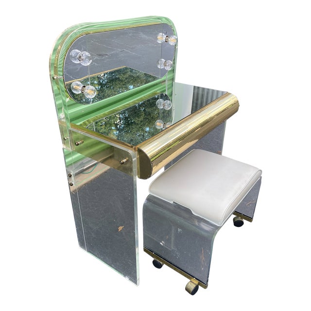 Mid-20th Century Lucite and Brass Vanity and Stool by Hill by Creations at Dallas For Sale