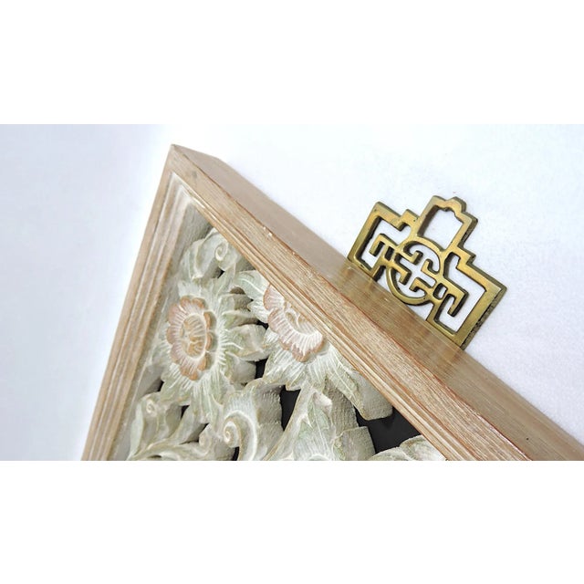 Vintage Asian Pastel Shaded Carved Teak Wood Floral Panel / Wall Hanging With Peacock For Sale In Tampa - Image 6 of 7