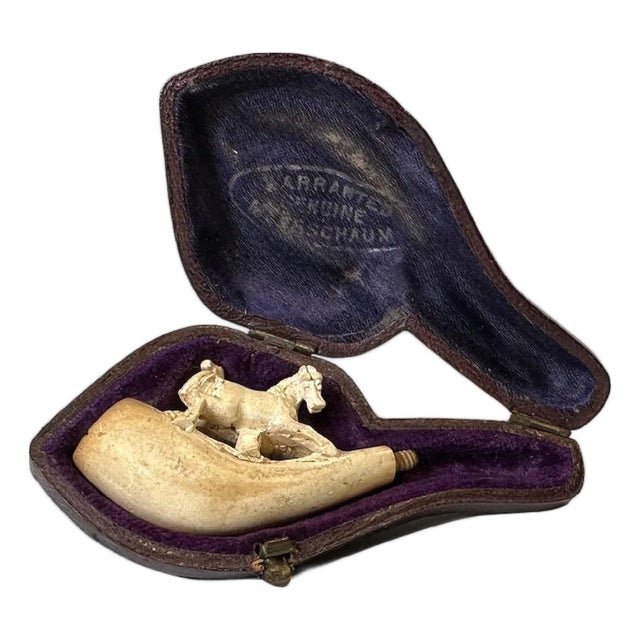 Antique Meerschaum Pipe, Carved Horses, with Original Case For Sale