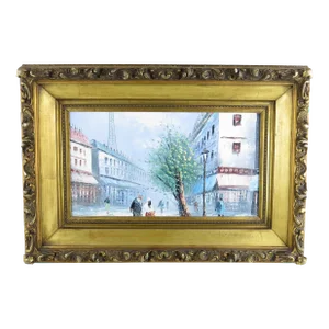 Antique French Oil on Canvas of a Parisian Street Scene in Ornate Gilt Baroque Frame