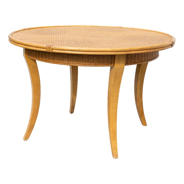 Vintage Round Woven Wicker & Rattan Herringbone Parquetry Dining Table - 48" For Sale