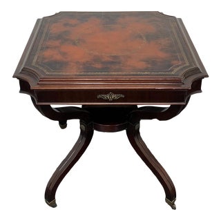 Vintage Mahogany Tooled Leather Top Federal Style Lamp Table on Casters For Sale