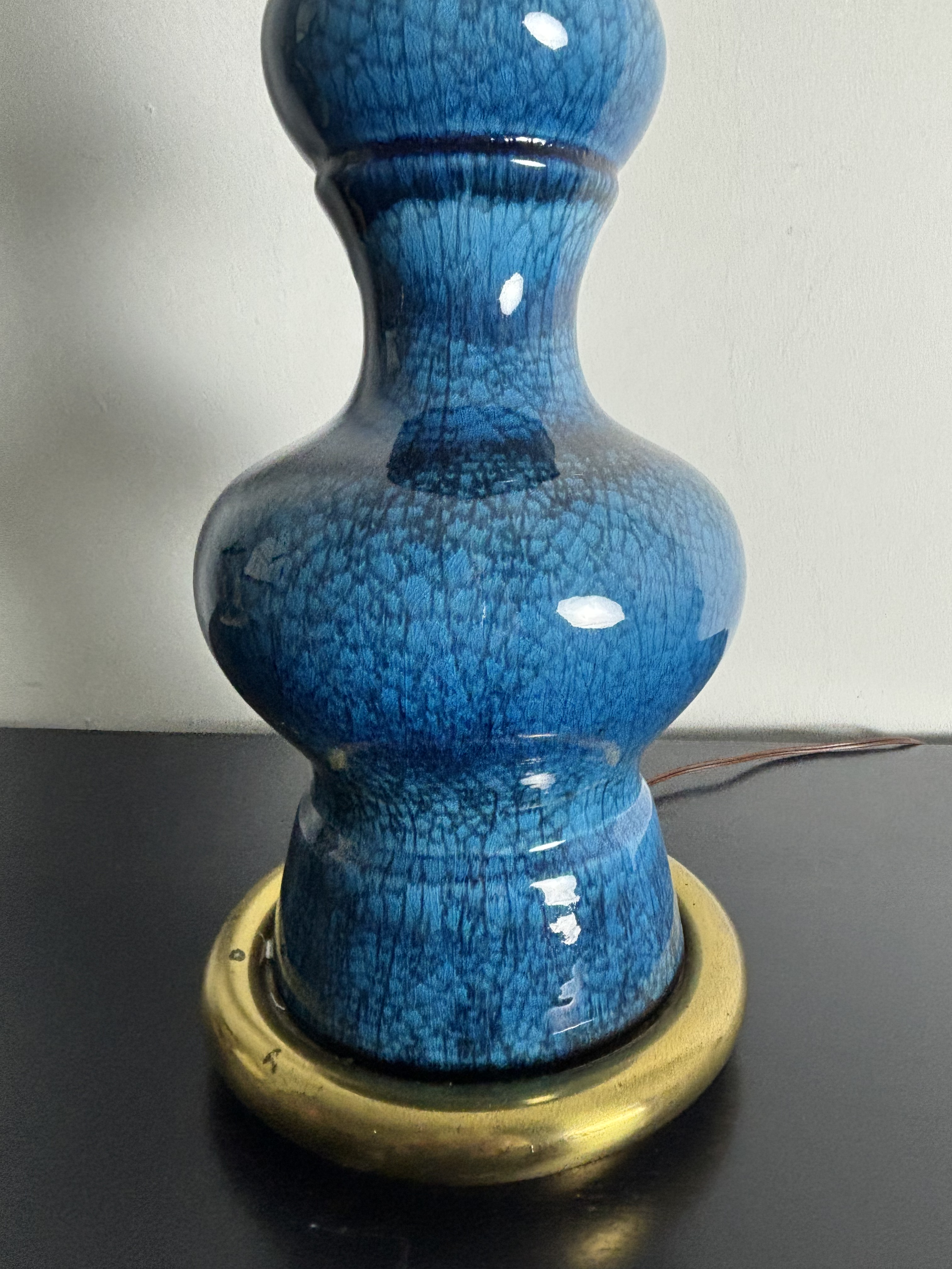 1960s Stiffel Blue Crackle Glaze Pagoda Lamp With Brass Base