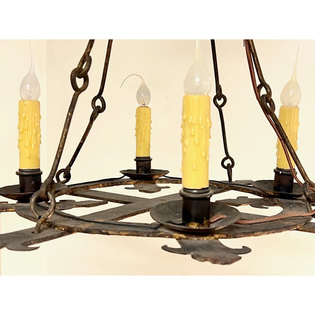 Gold Spanish Revival Hand Forged Gilt Iron 4 Lite Chandelier- Circa 1930 For Sale - Image 8 of 11